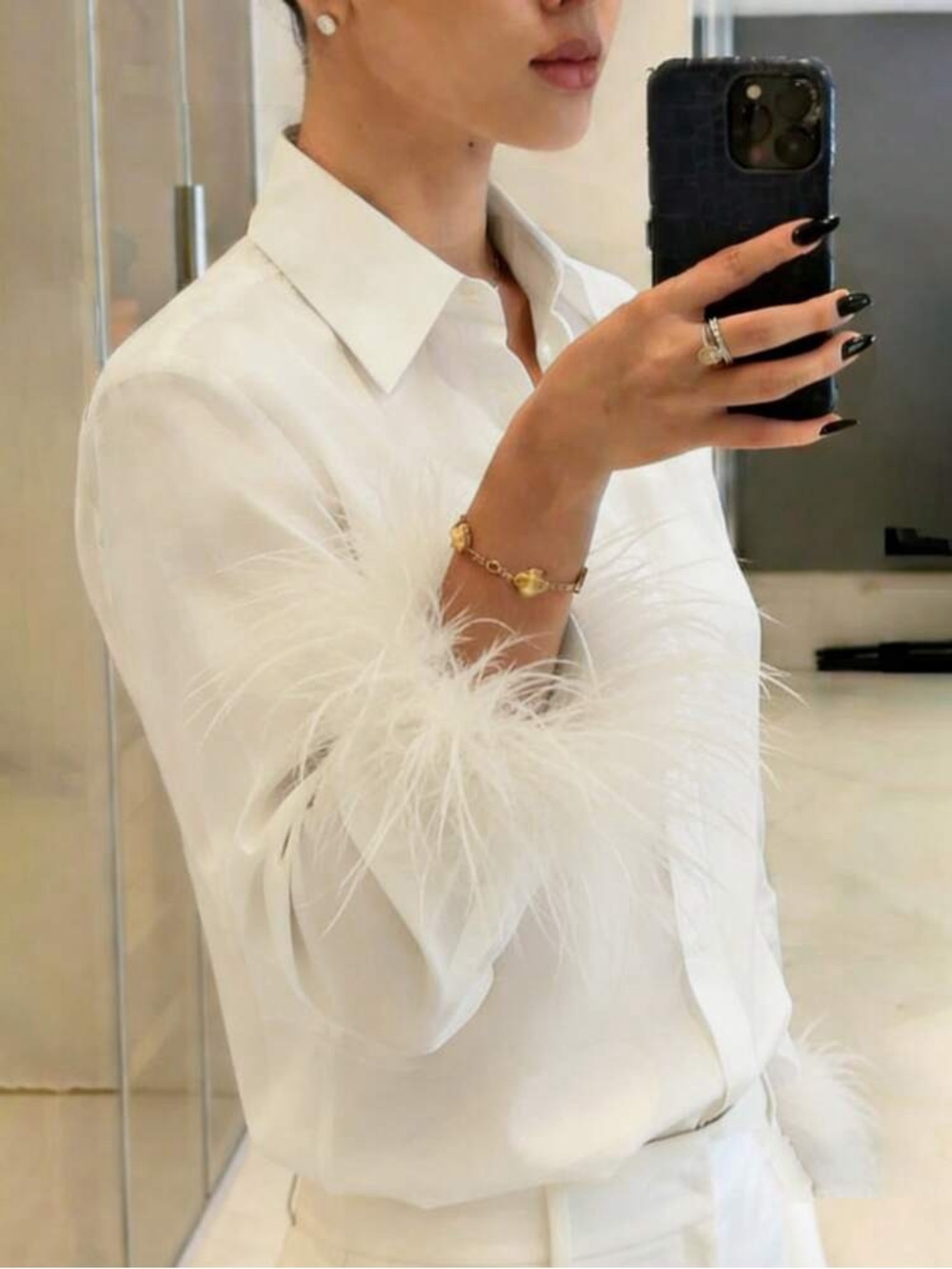 SHEIN feather trim button down shirt